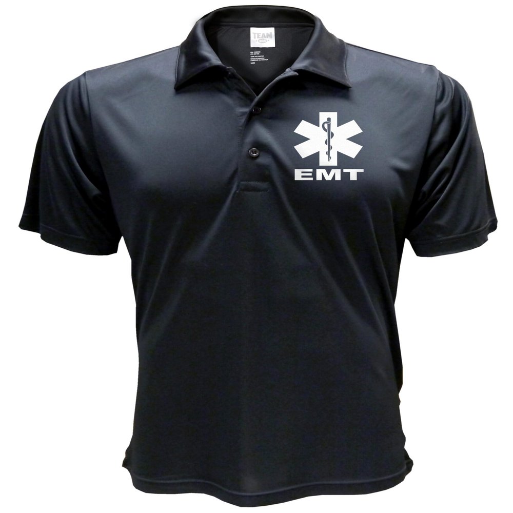 EMT Polo in Black with White/Reflective Design, Performance Polo w/Moisture Wicking Technology