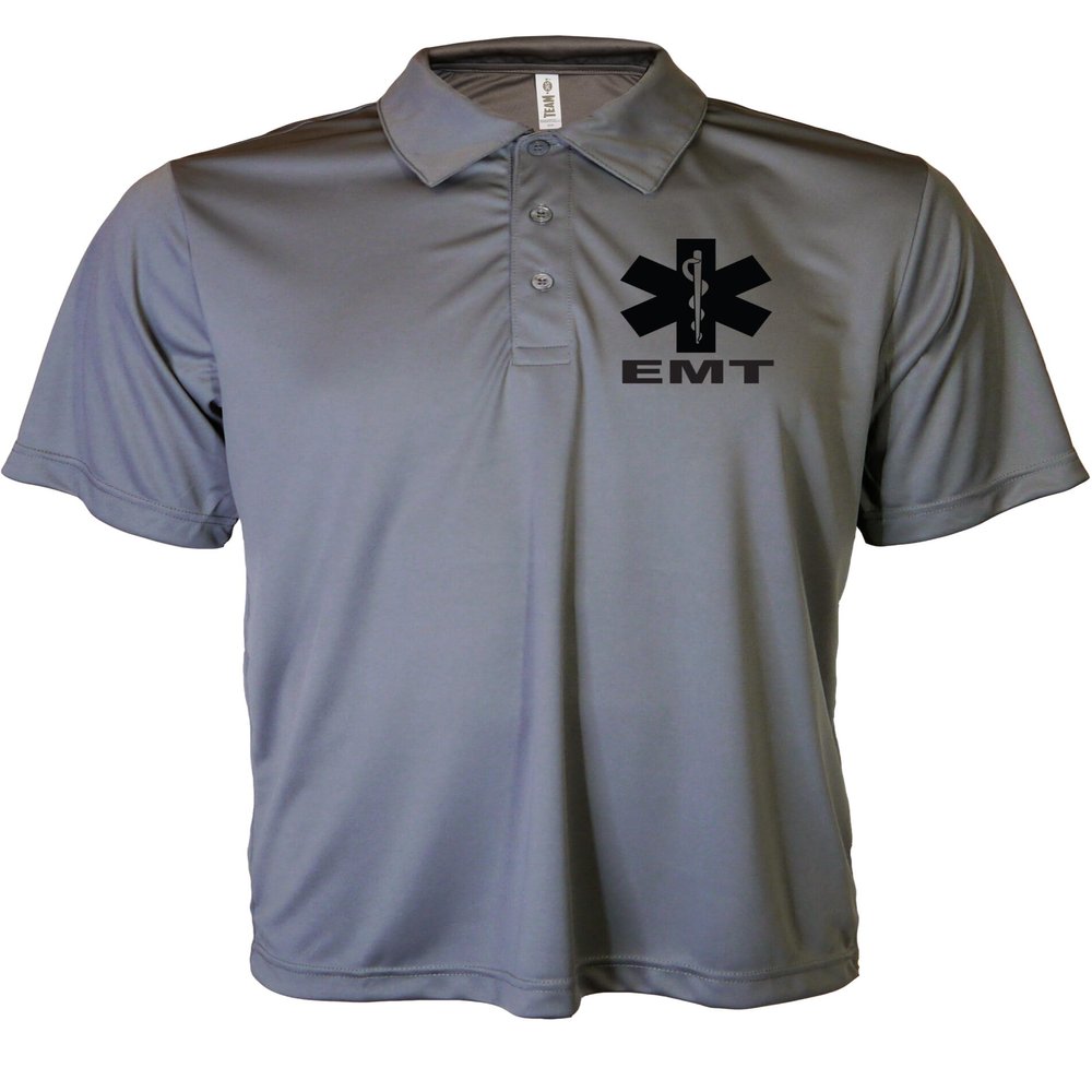 EMT Polo in Gray with Black/Reflective Design, Performance Polo w/Moisture Wicking Technology