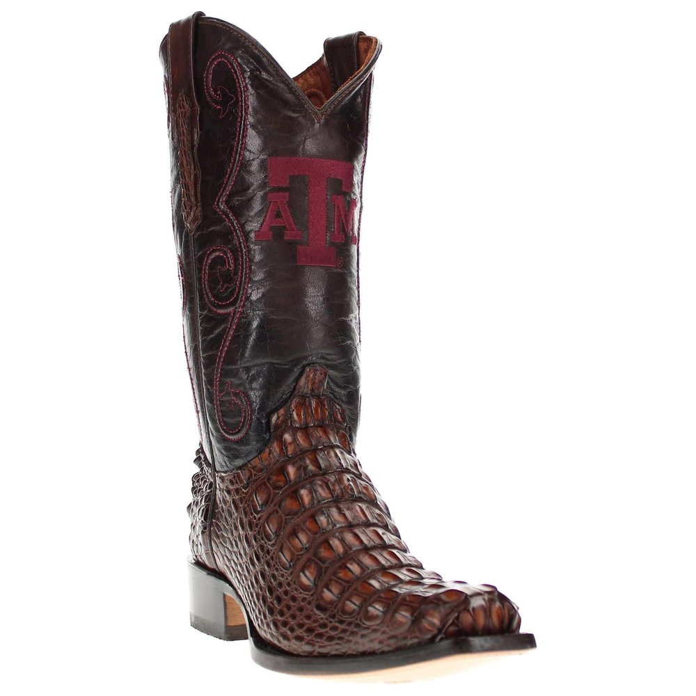 Vaccari Men's David Hand-Corded Top Texas A&M Embroidery Genuine Mocha Hornback Alligator Narrow Square Toe Cowboy Boots - 9.5 EE