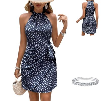 Allover Print Wrap Slim Fit Dress,Knot Side High Waist Ruched Short Dress,Women's Summer Dot Halter Dress Navy Blue