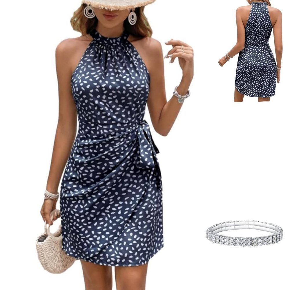 Allover Print Wrap Slim Fit Dress,Knot Side High Waist Ruched Short Dress,Women's Summer Dot Halter Dress Navy Blue