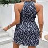 Allover Print Wrap Slim Fit Dress,Knot Side High Waist Ruched Short Dress,Women's Summer Dot Halter Dress Navy Blue view 3