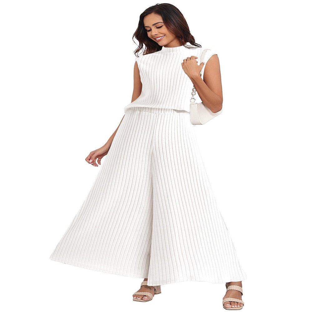 BAJAOEY Womens 2 Piece Sets Sleeveless with Wide Leg Pants Lounge Wear Outfits Pajama Sets Brown