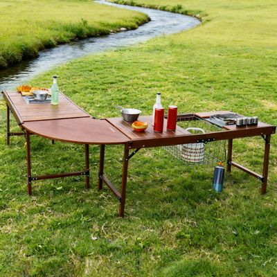 Camping Kitchen Table, Large Outdoor Camping Kitchen Station with Burner Single Portable Folding Cooking Tables Storage Organizer for Picnic BBQ Beach (L Shape Camping Kitchen with Burner)
