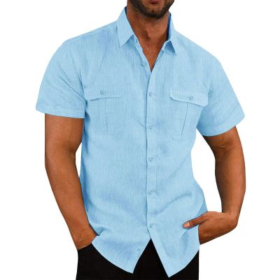 NineFit Basics Mens Button Down Short Sleeve Shirts Tall Mens Fashion Casual Lapel Cotton Linen Solid Shirts with 2 Breast Pocket Light Blue, Large