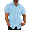 NineFit Basics Mens Button Down Short Sleeve Shirts Tall Mens Fashion Casual Lapel Cotton Linen Solid Shirts with 2 Breast Pocket Light Blue, Large view 1