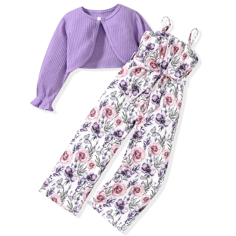 6T Toddler Little Girl 2 Piece Fall Outfits Long Sleeve Ribbed Knitted Cardigan And Sleeveless Floral Jumpsuit Spaghetti Strap Romper Wide Leg Pant Set Winter Clothes Spring Clothing 6-7T Years