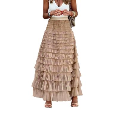 Women's A-line Cake Skirt with Elastic Waist Medium Length mesh Skirt (US, Alpha, One Size, Regular, Regular, Khaki)