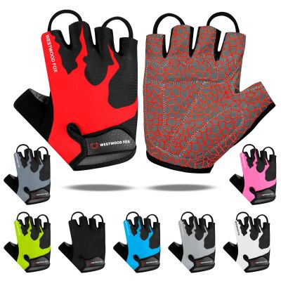 WESTWOOD FOX Cycling Gloves Half Finger Unisex Padded Grips Palm Bicycle Summer MTB Bike Gloves for Men Women Non-Slip Fingerless Short Mountain Bike Sports Hiking Climbing Gym (Red, L)
