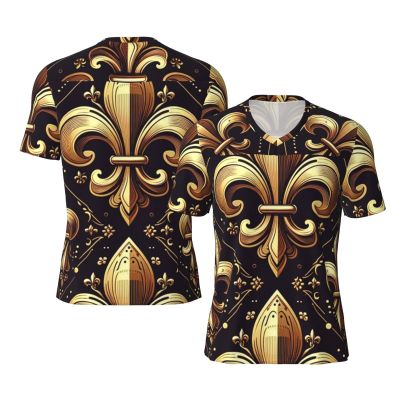 Stylish Athletic Sports Jersey Gold-Luxury-Fleur-De-Lis Men's Rugby Jersey Large