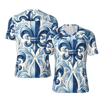 Stylish Athletic Sports Jersey Fleur-De-Lis-Watercolor Men's Rugby Jersey Medium Black