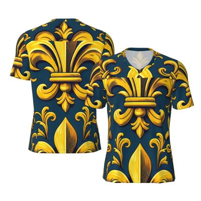 Stylish Athletic Sports Jersey Fleur-De-Lis-Gold-Blue Men's Rugby Jersey Small