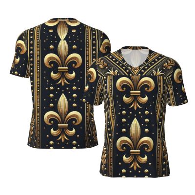 Stylish Athletic Sports Jersey Gold-Fleur-De-Lis-Pattern Men's Rugby Jersey Small