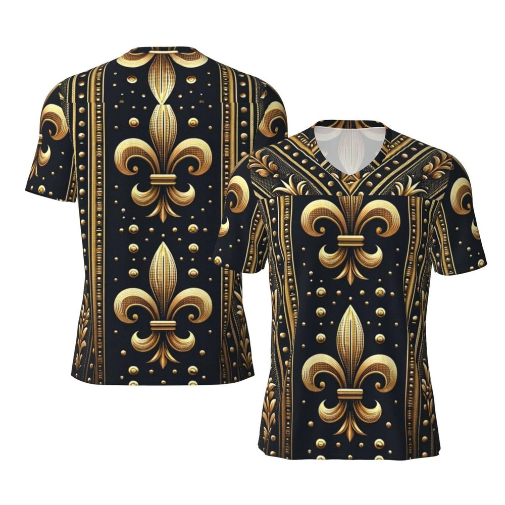 Stylish Athletic Sports Jersey Gold-Fleur-De-Lis-Pattern Men's Rugby Jersey Small