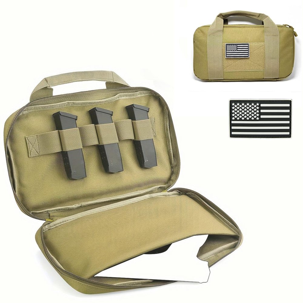 GAZJYUSP Tactical Pistol Case Bag Firearm Shooting Case for Shooting Range Outdoor Hunting Handgun Bag for Full-Size Handguns and Magazines Storage Bag Gun Case Soft Gun Carrying Storage Bag (Tan)