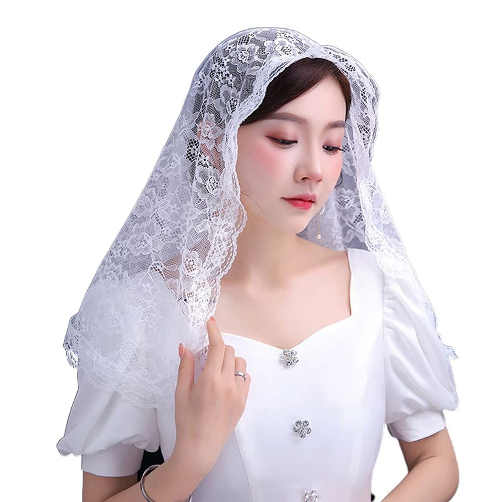 Uitndvyte Veil Mantilla Veils Latin Mass Flower Embroidered Covering Church Veil For Head Lace Scarf For Confirmation Baptism for Mass Wedding Bridesmaids, White