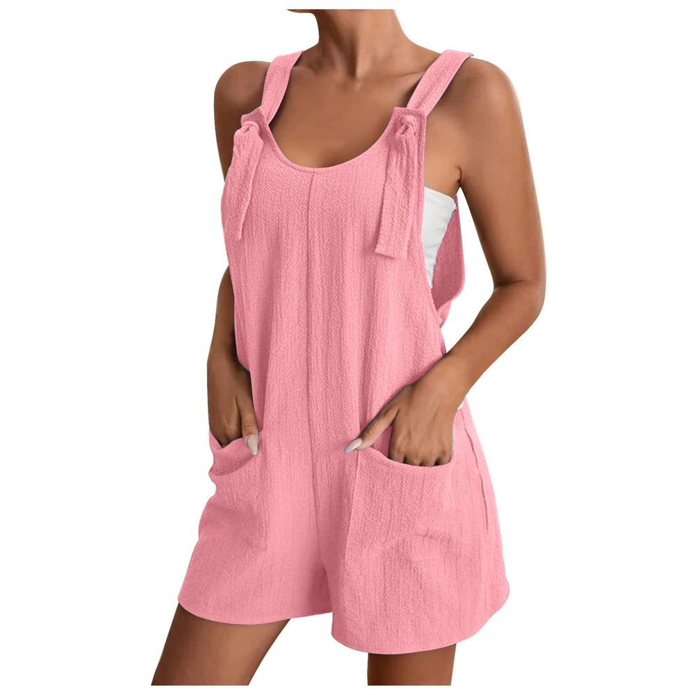 KICILVS Summer Short Rompers for Women 2025 Sleeveless Tie Knot Strap Jumpsuit Casual Loose Bib Overalls with Pockets