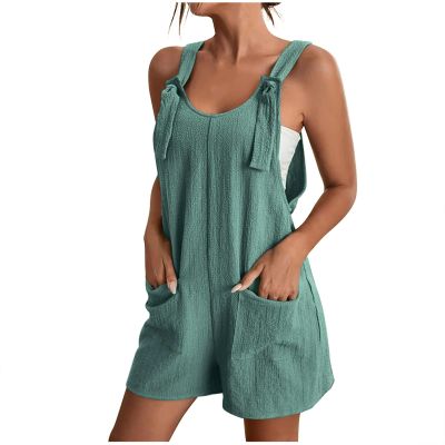 KICILVS Summer Short Rompers for Women 2025 Sleeveless Tie Knot Strap Jumpsuit Casual Loose Bib Overalls with Pockets