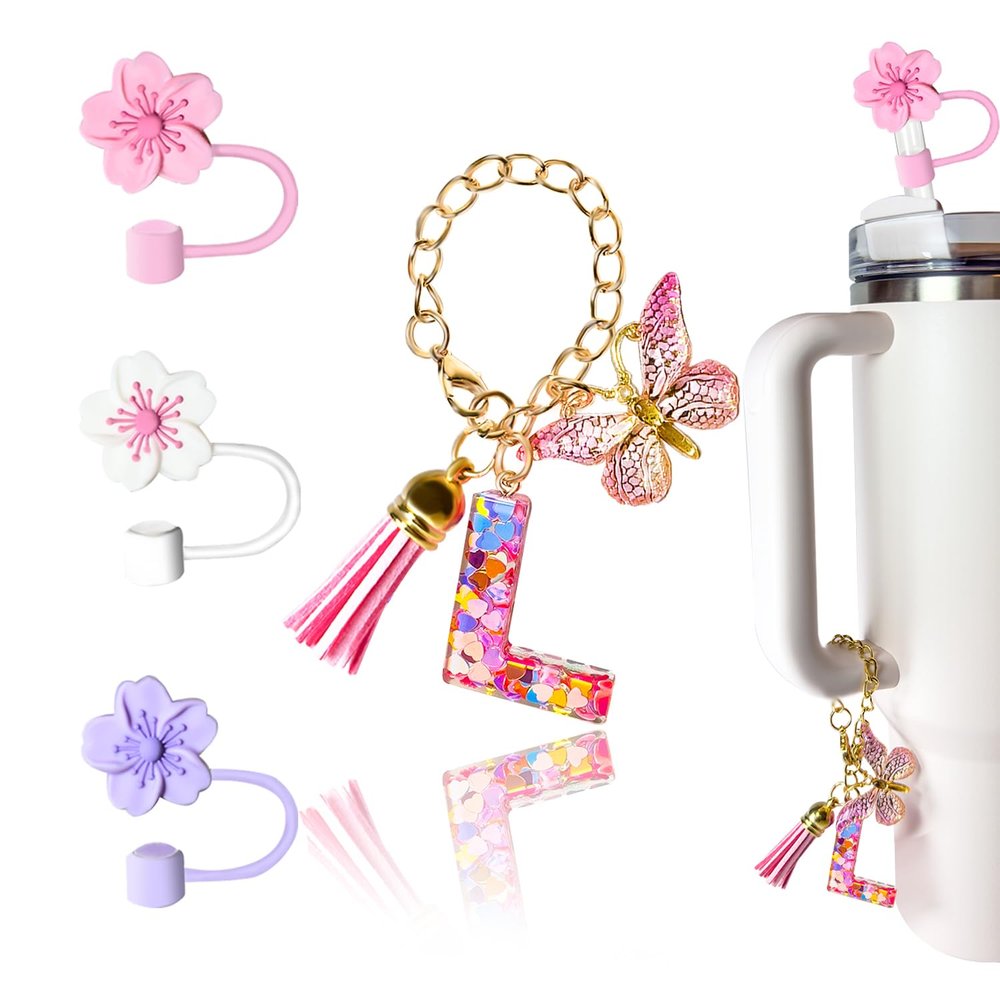 Compatible with Stanley Cup Accessories, Letter Charm and 3Pcs Silicone Straw Cover, 0.4" 10MM Straw Toppers for Stanley 30 40 oz Tumbler, Pink Initial Letter Charm with Butterfly and Tassel (L)
