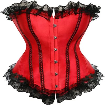 ADELCE Lace Up Corsets Tops for Women Floral Overbust Corset Top Bustier Shapewear Lingeire Plus Size Bodysuit Red XL