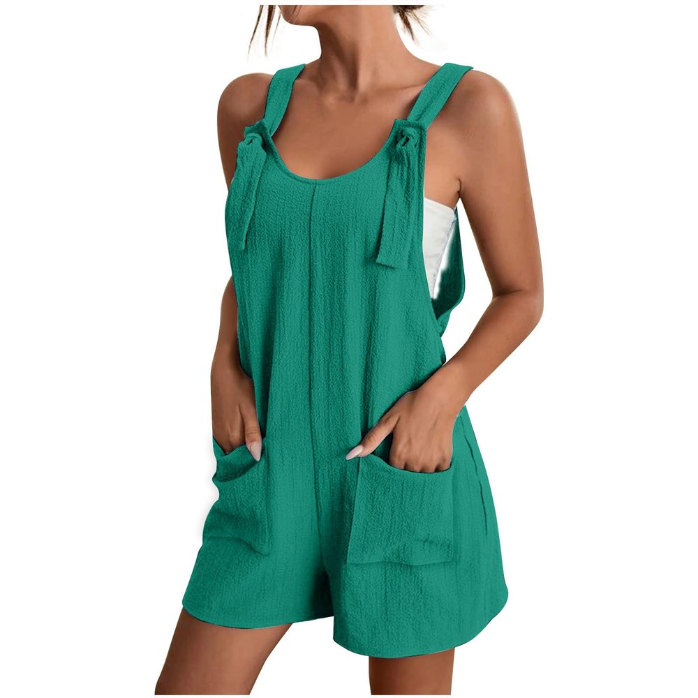 KICILVS Summer Short Rompers for Women 2025 Sleeveless Tie Knot Strap Jumpsuit Casual Loose Bib Overalls with Pockets