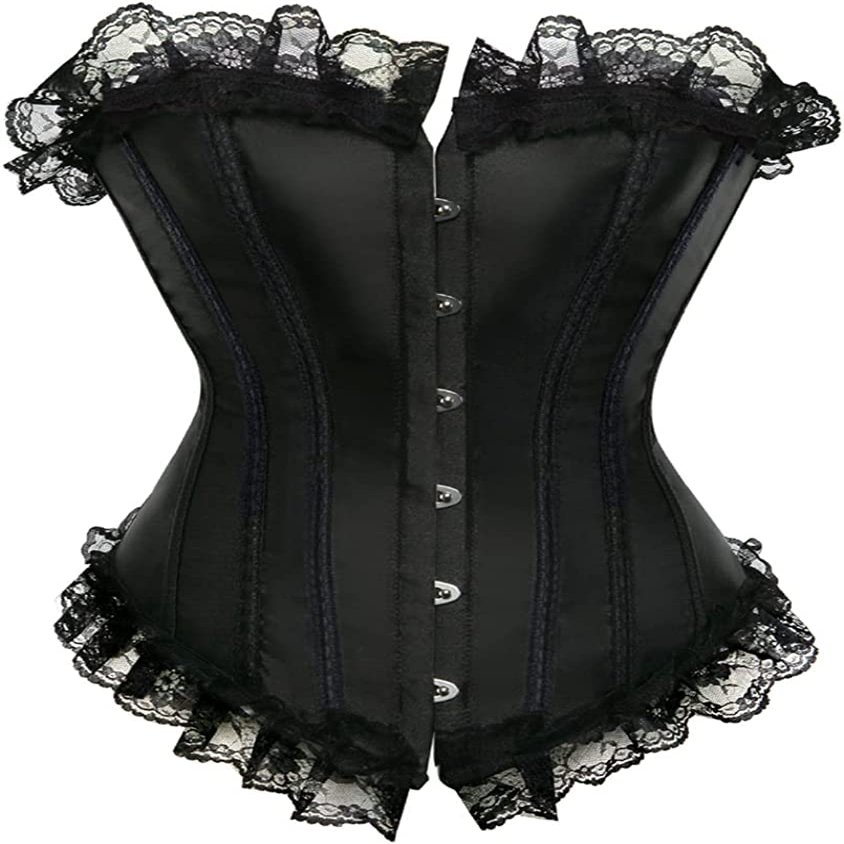 ADELCE Lace Up Corsets Tops for Women Floral Overbust Corset Top Bustier Shapewear Lingeire Plus Size Bodysuit Black L