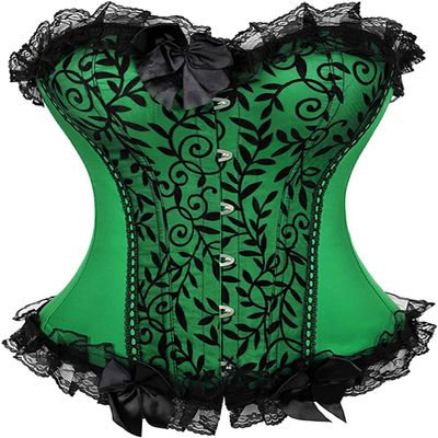 ADELCE Lace Up Corsets Tops for Women Floral Overbust Corset Top Bustier Shapewear Lingeire Plus Size Bodysuit Green L