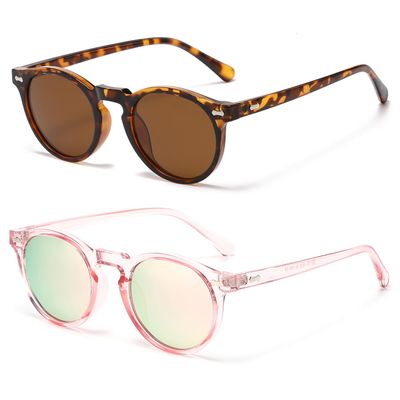 JOVAKIT Vintage Kids Polarized Sunglasses for Girls Boys Age 2-9, Round Sun Glasses for Children UV400 Protection (Tortoise/Brown+Pink/Pink Mirror)
