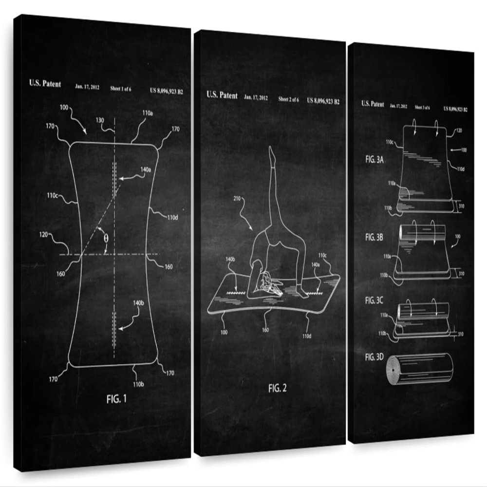 ElephantStock Exercise Mat Patent Prints Sports Canvas - 3 Panel Decor - Decorations for Boys - Sports Patent Wall Art and Office Decor - 23" X 14"
