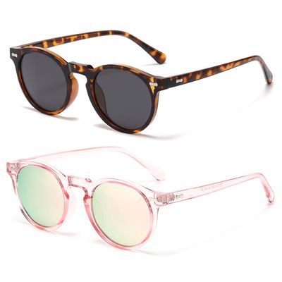 JOVAKIT Vintage Kids Polarized Sunglasses for Girls Boys Age 2-9, Round Sun Glasses for Children UV400 Protection (Tortoise/Grey+Pink/Pink Mirror)