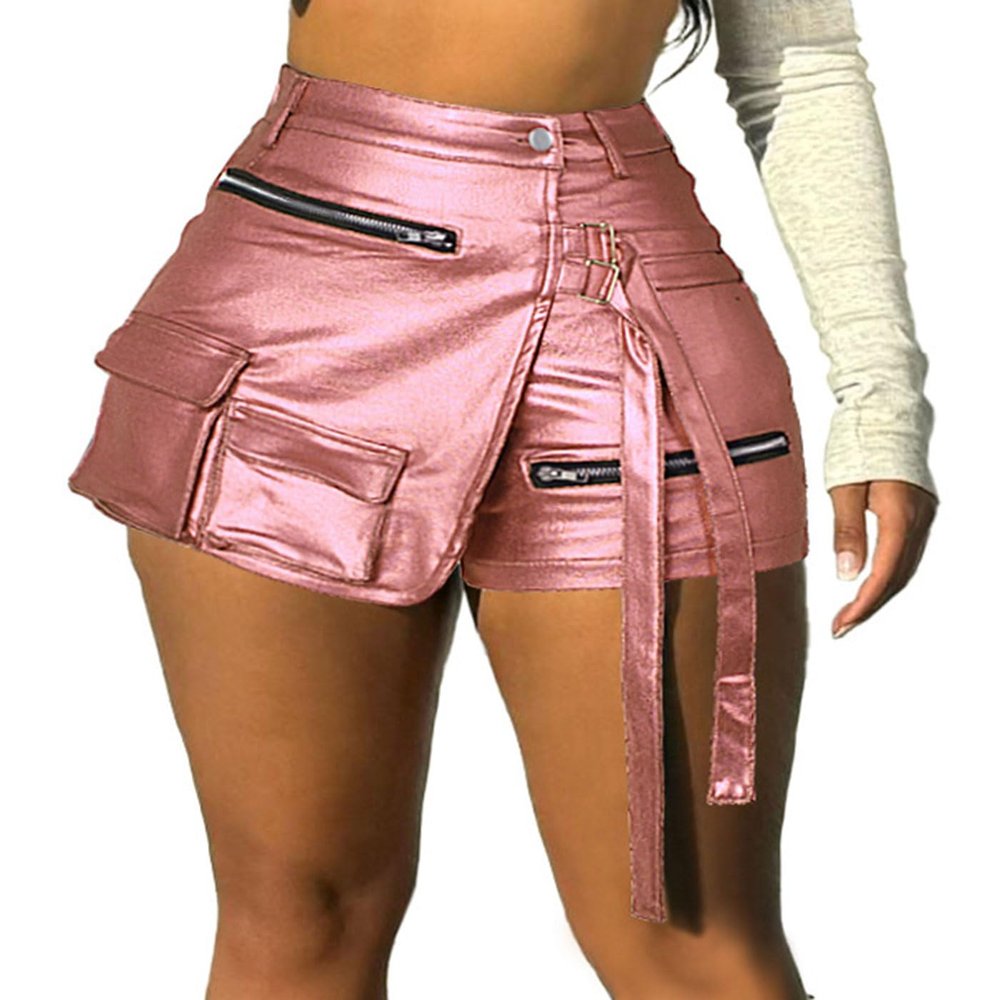 NUISUSK Skirt Shorts for Women Cute Metallic Faux Leather Asymmetrical Solid Cargo Hot Shorts Rose Gold XL