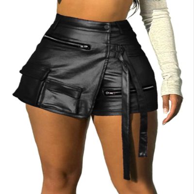 NUISUSK Women's Metallic Faux Leather Skorts 2025 Casual High Waist Cargo Rave Shorts with Pockets Black S