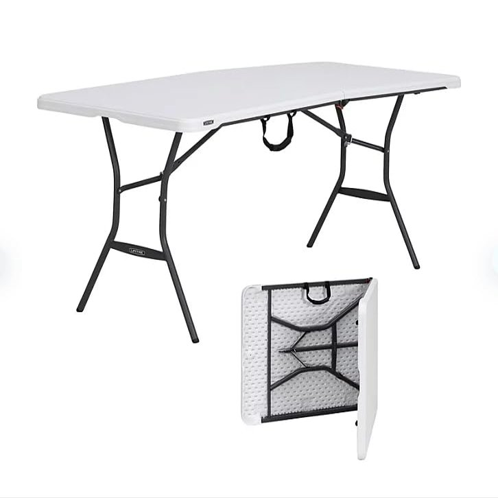 6-Foot Fold-in-Half Plastic Table offers convenience and durability for all your light commercial needs. Perfect for any event - White Granite (4 PACK)