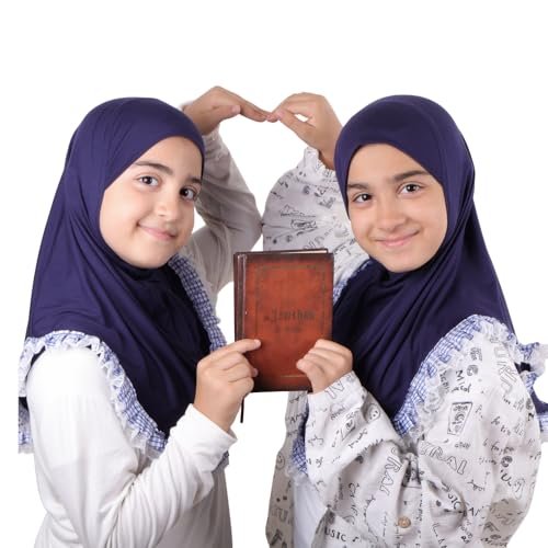 MuLanLegend Princess Nur Lace Cotton Hijab Handmade | Girls Kids Instant Slip-on Scarf (Navy Blue)