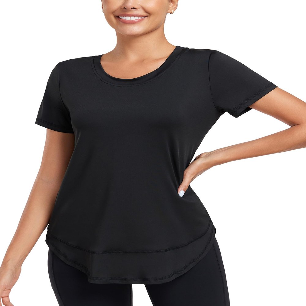 Abrooical Women's Hiking Crew Neck Short Sleeve Sports Yoga Breathable Casual Tops Sunwear Black 01 X-Large