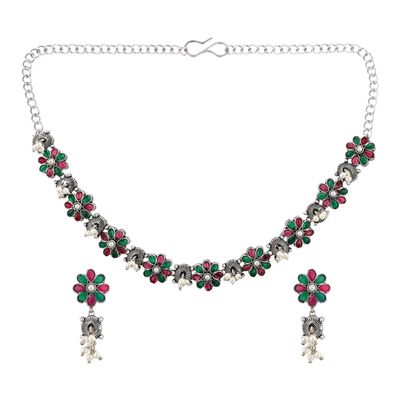 Efulgenz Indian Oxidized Jewelry Floral Faux Pearl Drop Indian Jewelry Sets for Women Antique Boho Multicolor Stone Necklace Sets Dangle Earrings Choker Necklace Earrings Set Bohemian Jewelry Set for Women