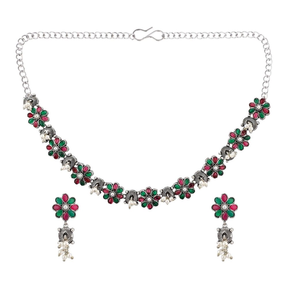 Efulgenz Indian Oxidized Jewelry Floral Faux Pearl Drop Indian Jewelry Sets for Women Antique Boho Multicolor Stone Necklace Sets Dangle Earrings Choker Necklace Earrings Set Bohemian Jewelry Set for Women