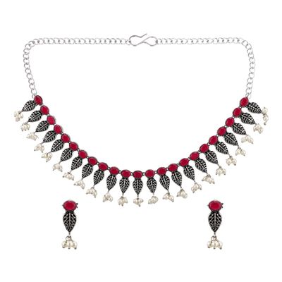 Efulgenz Indian Oxidized Jewelry Indian Jewelry Sets for Women Antique Boho Floral Drop Faux Pearl Pink Crystal Stone Necklace Sets with Drop Dangle Earrings Choker Necklace Earrings Set Bohemian Jewelry Set for Women