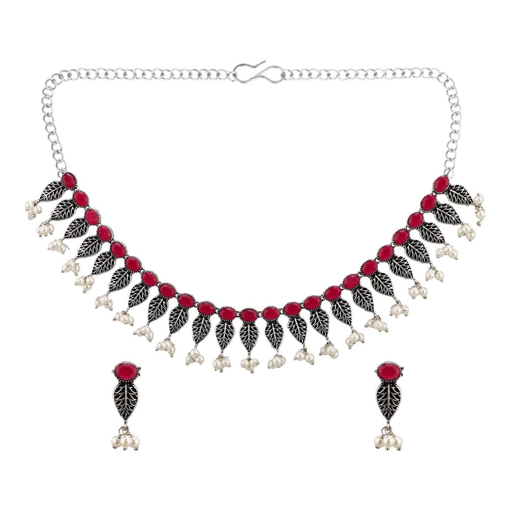 Efulgenz Indian Oxidized Jewelry Indian Jewelry Sets for Women Antique Boho Floral Drop Faux Pearl Pink Crystal Stone Necklace Sets with Drop Dangle Earrings Choker Necklace Earrings Set Bohemian Jewelry Set for Women