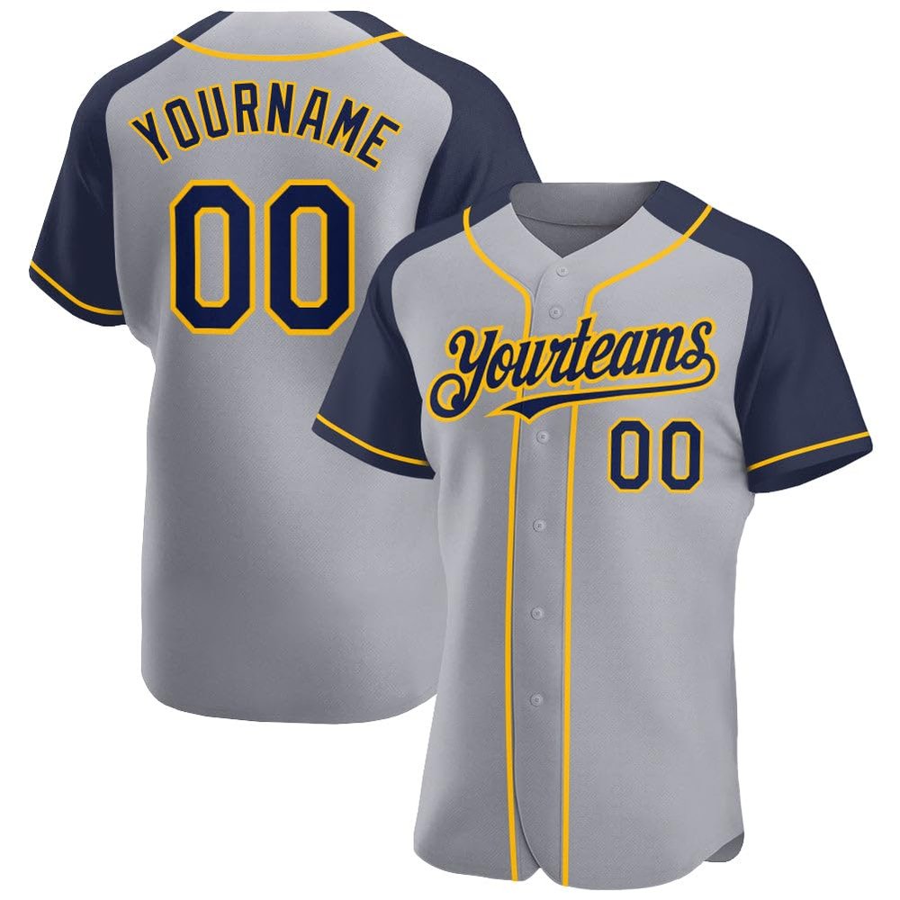NineFit Basics Custom Gray Baseball Jersey, Stitched Printed Personalized Name Number, Navy Yellow Baseball Shirt Uniform Men Women Youth