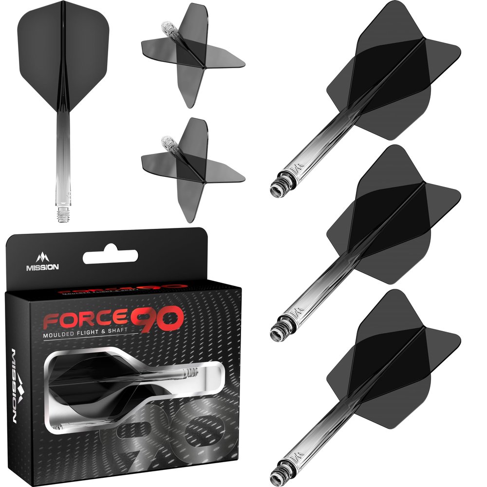 Mission Darts Force 90 | Integrated Precision Moulded Dart Flight and Shaft System, Pack of 3 Professional Durable Combined Dart Flights and Stems | Standard No.6 (Black Gradient, Short).