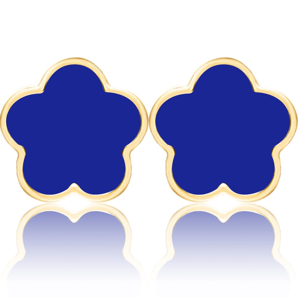 14K Gold Plated Stainless Steel Four Leaf Clover Stud Earrings for Women (Dark Blue-Gold Plated)