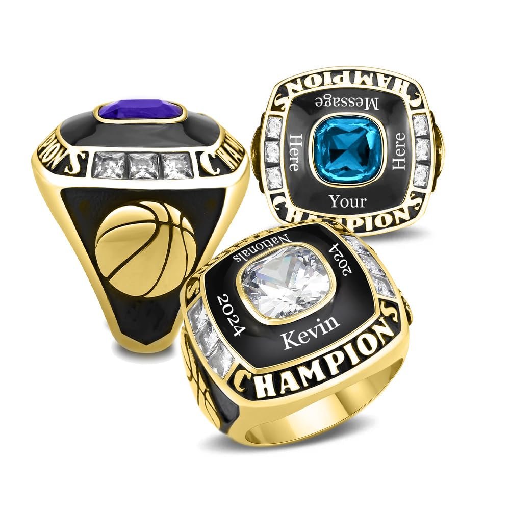 NineFit Basics Stainless Steel Championship Ring Custom Text and Color - Football, baseball, softball, basketball, esports, fantasy sports, hockey, cheer, 11, Basketballl-Gold