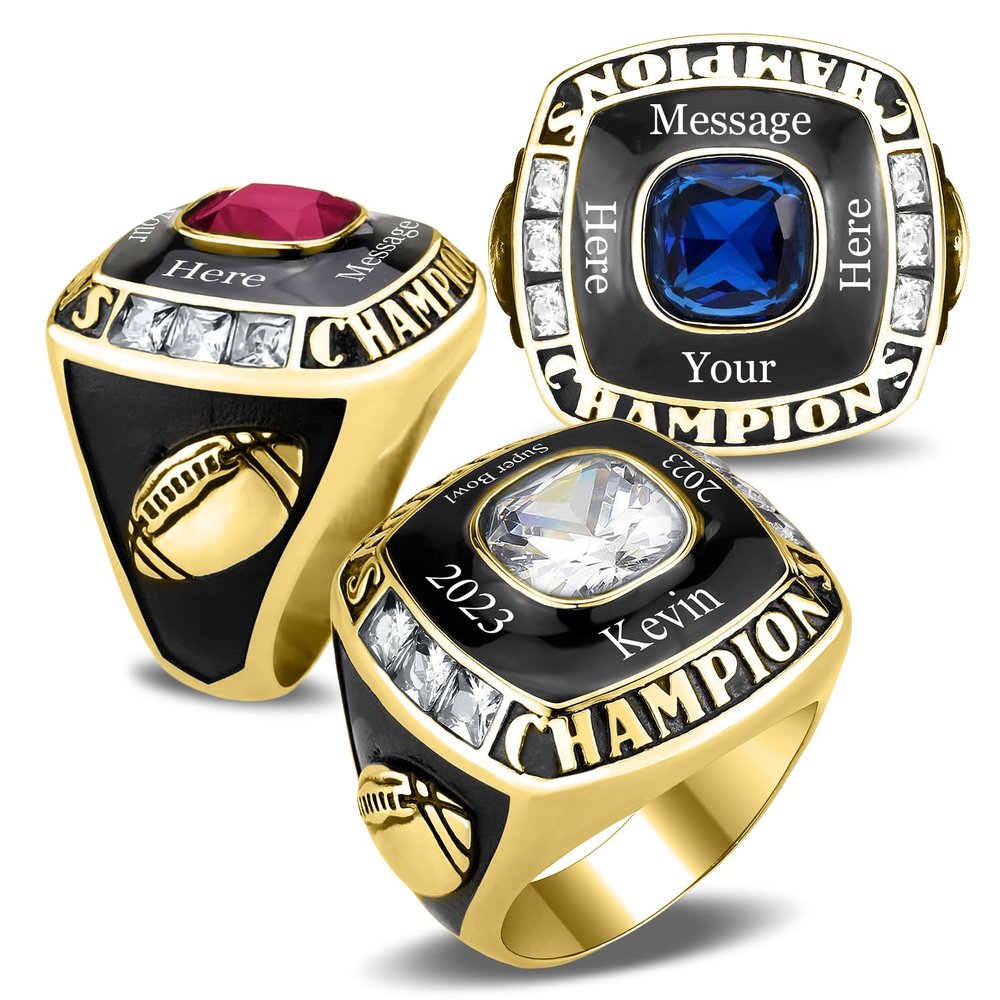 NineFit Basics Stainless Steel Championship Ring Custom Text and Color - Football, baseball, softball, basketball, esports, fantasy sports, hockey, cheer, 13