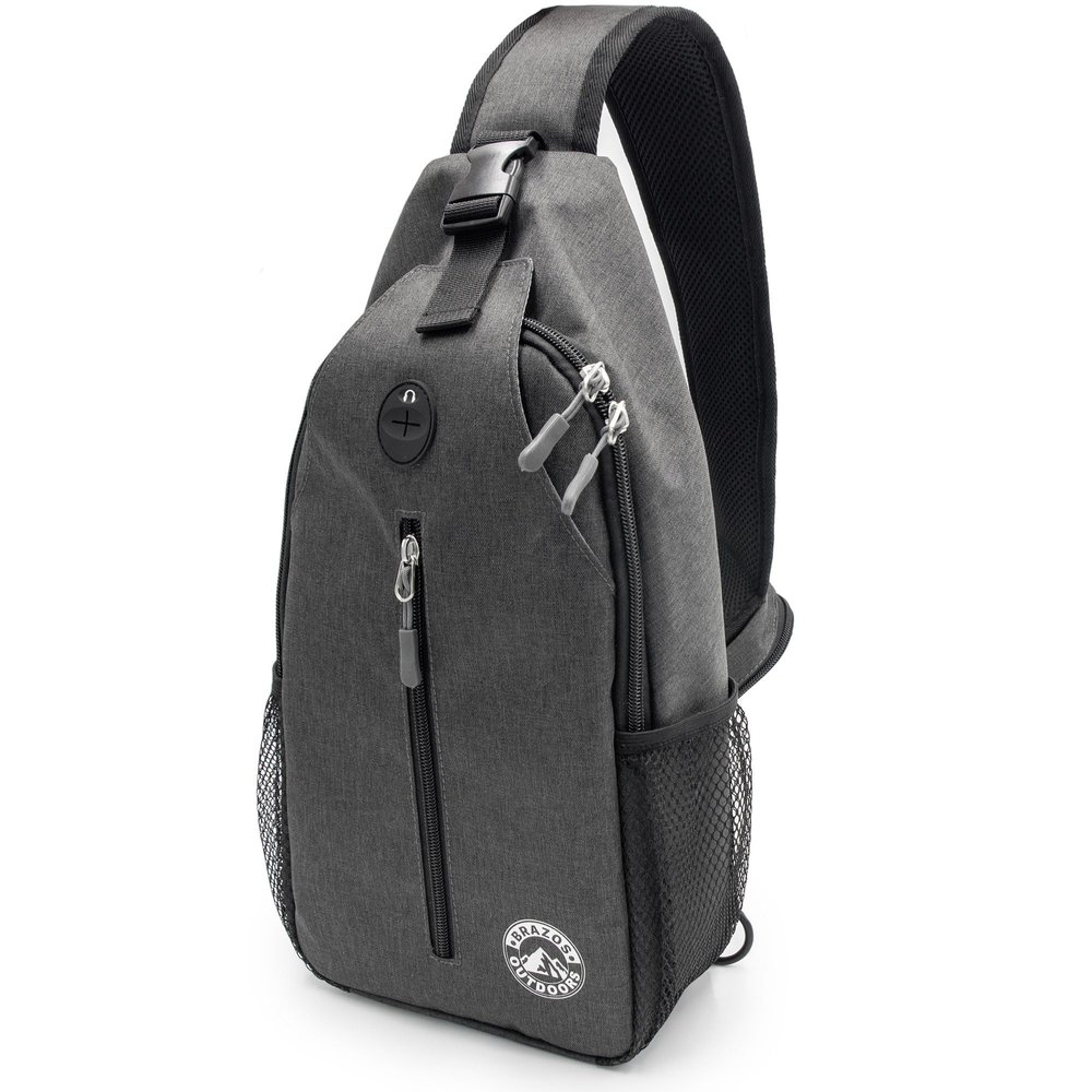 Brazos Crossbody Sling Hiking Daypack, 6 Pocket Design, Removable Phone Compartment, Headphone Accessible Hole, Reversible Shoulder Strap, Hiking Accessory, Grey