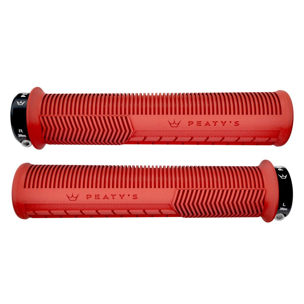 Peaty's Monarch Bicycle Grips - Mushroom/Red/Thick - Trail Comfort, Durable, Ergonomic Finger Bar, Thumb Pad, All Day Riding, All Weather, All Terrain