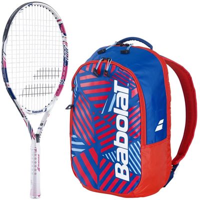 Babolat B'Fly 25 Inch Jr Tennis Racquet Bundled w a Tennis Backpack (White/Blue/Red)