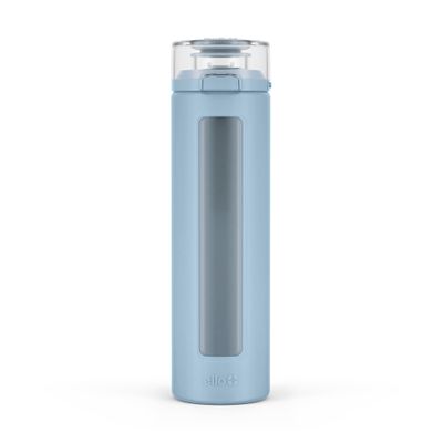 Ello Syndicate 20oz Reusable Glass Water Bottle with One-Touch Leak Proof Flip Lid, Protective Non-Slip Silicone Sleeve, Carry Loop for Coffee, Tea and Water, BPA-free, Dishwasher Safe, Tech Blue
