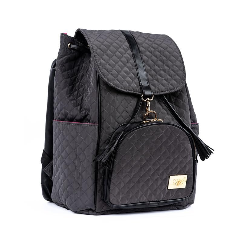 Genie Designer Quilted Pickleball Bag for Women - Luxury Court to Office Backpack - Fits 2 Paddles & 15.8 Laptop - Padded Professional Travel Backpack with Shoe Compartment - Grey Black