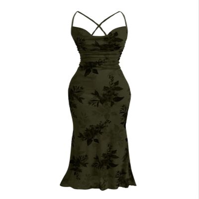 SOLY HUX Women's Floral Mesh Bodycon Cami Dress Cowl Neck Sleeveless Cocktail Party Wedding Guest Long Maxi Dresses Army Green Floral XX-Small